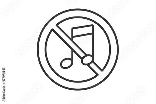 No music sign vector icon. Music prohibited symbol. Keep quiet, silent please concept. Sound off, mute button pictogram. Forbidden melody, audio. Line art illustration.