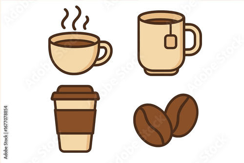 Coffee and tea vector line icon set. Hot drinks, beverages collection. Steaming coffee cup, mug with teabag, paper to-go cup and roasted coffee beans. Cafe and caffeine concept.