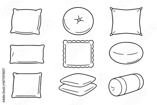 Pillow and cushion line icon set. Collection of various home decor pillows for bed or sofa. Vector outline illustration of different shapes. Bedding and furniture symbols.