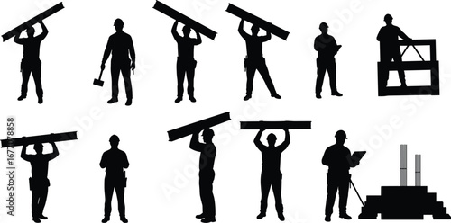 Construction worker silhouettes, manual labor, building site, worker with tools, carrying materials, industrial work, safety helmet, carpenter, blueprint, construction project,