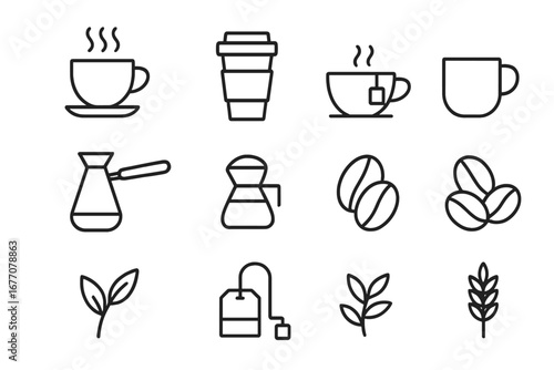 Coffee and tea line icon set. Vector symbols for cafe menu, beverage, drink, espresso, cappuccino. Thin line art for web, mobile app, infographic. Editable stroke illustration.