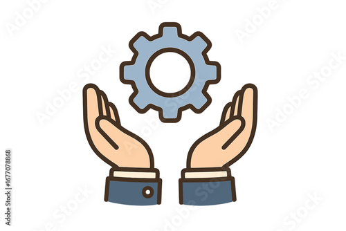 Hands holding gear icon. Business technology concept. Support, service, and development symbol. Vector illustration for web, apps. Engineering process, management solution.