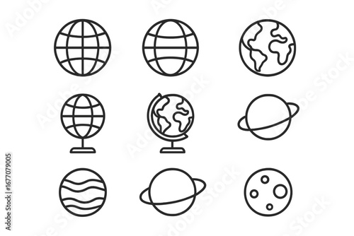Globe and planet icon set. World, earth, moon, and saturn symbols. Line art collection for web design, geography, and astronomy. Global business and travel vector pictograms.