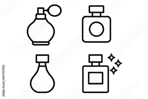 Perfume bottle line icon set. Vector pictogram collection for beauty and cosmetics. Fragrance, scent, and aroma symbols. Simple outline illustration of spray and flacon.
