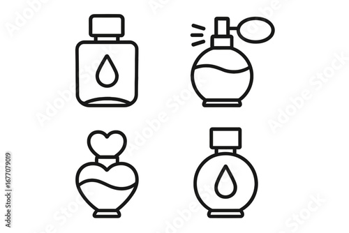 Perfume bottle line icon set. Fragrance and scent symbols for cosmetics and beauty. Vector illustration of cologne spray, atomizer, and glamour product packaging. Isolated.