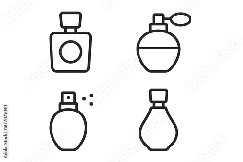 Perfume bottle line icon set. Vector illustration of fragrance spray, cologne, and atomizer containers. Beauty, fashion, and cosmetic symbols for web, apps, and design.
