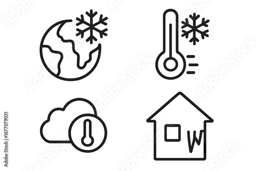 Winter weather line icon set. Cold, snow, and freeze symbols. Global cooling, low temperature thermometer, frozen house, snowflake, climate pictogram for web and apps.