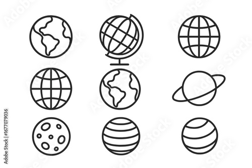 Globe and planet line icon collection. Simple outline signs for graphic and web design. Earth, world, space, moon, saturn vector symbols for apps. Universal pictogram set.