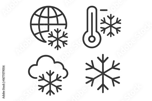 Global cooling and climate change vector line icon set. Winter weather symbols including snowflake, cold temperature thermometer, snow cloud, and frozen planet earth pictogram.