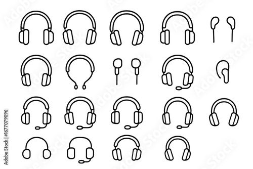 Various headphones simple line icons collection. Headset with microphone, earpiece, earbuds signs. Editable stroke vector. Audio, music, gaming, sound, call center symbols.