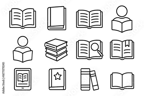 Book and reading outline icon set. Vector symbols for education, library, learning. Ebook, literature, study icons. Editable stroke. Pictogram collection for knowledge.