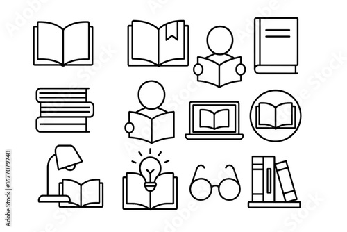 Book and reading outline icon set. Education, knowledge and learning concept. Library, literature, study symbols. E-book, ideas, school. Editable stroke vector illustration.