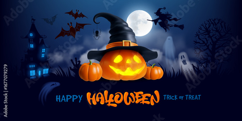 Happy Halloween greeting card, banner. 3d realistic pumpkin with witch hat and carved funny face. Jack lantern, bats, mystical moon and fog made a creepy vibes of Halloween night. Vector illustration
