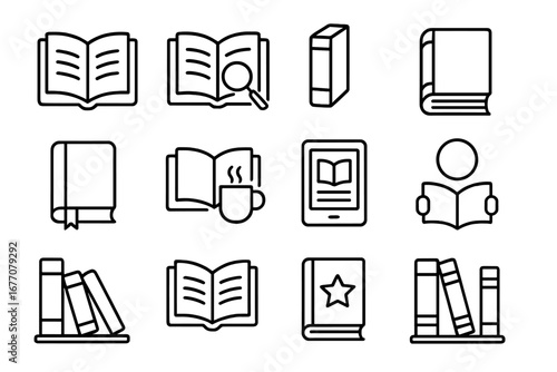 Book and reading line icon set. Education, library, and learning symbols. Vector icons for study, literature, knowledge, research, and e-books. Editable stroke illustration.