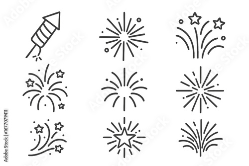 Vector firework line icon collection. Editable stroke pyrotechnic symbols. Simple outline illustrations of celebration bursts, sparkles, rockets for New Year or 4th of July.