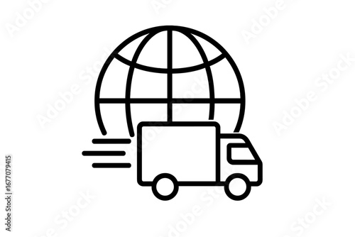 Global delivery icon with truck and world globe. International shipping, freight transport, and logistics concept. Worldwide distribution service for online order and cargo.