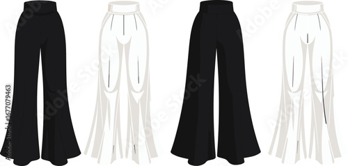 Wide-leg pants illustration, fashion design, women's clothing, loose trousers, high waist pants, trendy outfit, casual wear, stylish bottoms, vector art, clothing pattern