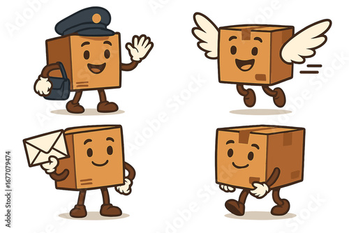 Cute parcel box character mascot set. Cartoon cardboard delivery package collection. Friendly postman, fast shipping with wings, mail letter, and walking box vector illustration.