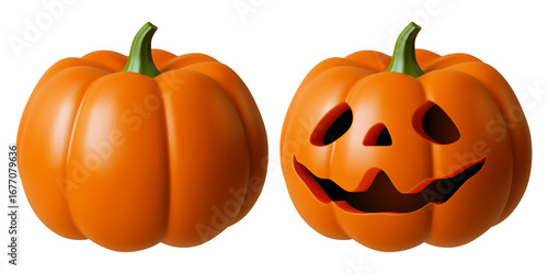 Halloween pumpkin or Jack O Lantern. 3d realistic cute pumpkin with carving funny cheerful face. And orange autumn vegetable gourd in the set. Isolated vector illustration