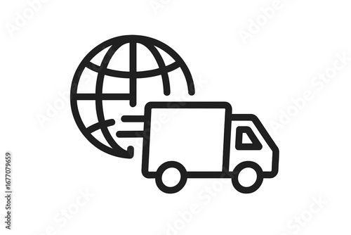 Global delivery icon for worldwide shipping and logistics. International transport and freight truck concept. E-commerce supply chain symbol. Fast cargo van with globe vector.