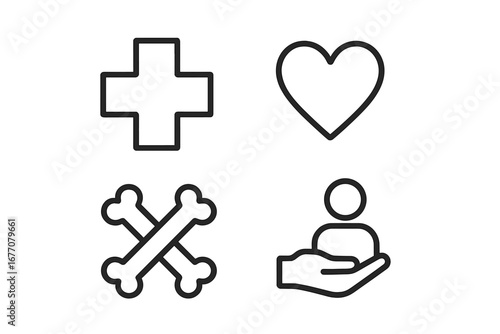 Medical and health care line icon set. Minimalist pictograms include medical cross, heart, bones, and patient care symbols. Vector for web, apps, graphic design, and health.