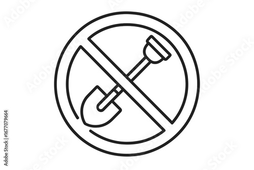 No digging line icon. Shovel forbidden symbol. Stop excavation pictogram. Construction work prohibited. Do not dig sign. Garden and ground work not allowed vector symbol.