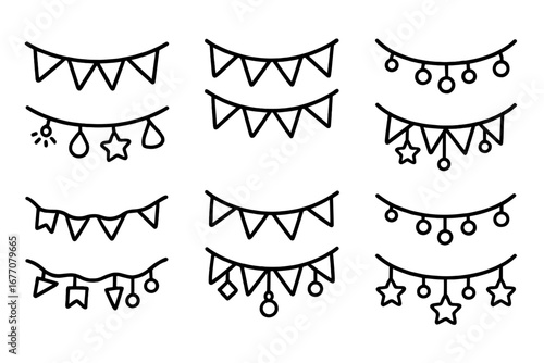 Garland icon set for party decoration. Hand-drawn doodle buntings, flags, and string lights for celebration. Festival pennants and holiday decor. Editable stroke vector.