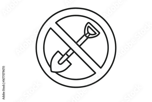 No digging line icon. Shovel in a prohibited circle symbol. Do not dig warning sign for safety and restricted areas. No excavation concept vector for construction or archaeology.