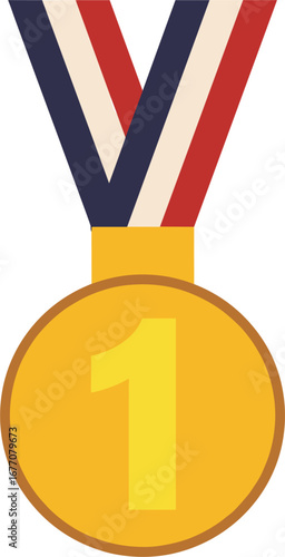 Gold Medal with Number One and Red White Blue Ribbon on White Background golden award