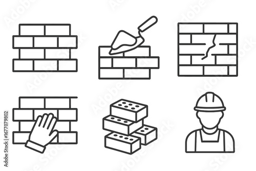 Brick wall construction line icon set. Vector collection of building and masonry symbols like bricklayer, trowel, and stacked bricks. Editable stroke outline illustration.