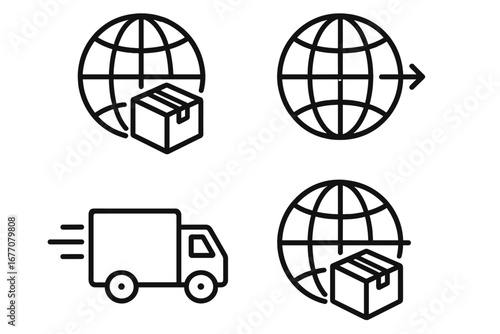 Global delivery icon set. International shipping and logistics signs. Worldwide freight transport symbol. E-commerce package, cargo box and truck vector illustration for web.