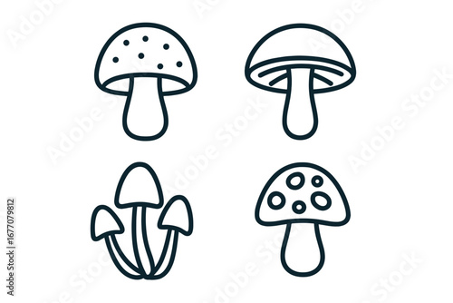 Mushroom icon set in a modern minimalist outline style. Fungi and toadstool vector line art illustrations. Simple cartoon doodle for web design, apps, logo, or print.