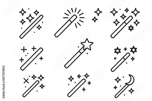 Magic wand thin line icon set. Wizard stick with stars and sparkles. Fairy tale miracle symbol collection. Editable stroke vector for fantasy, wish, spell or enchantment concepts.