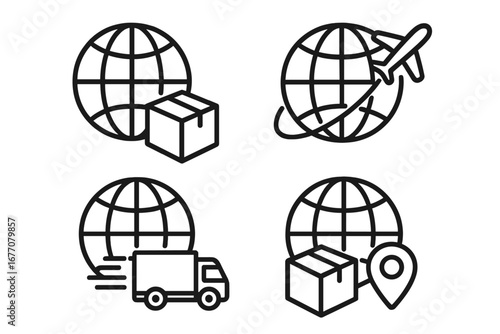 Global delivery icon set. International shipping logistics. Worldwide distribution. Freight cargo transport. Air plane, ground truck. Package tracking location pin. E-commerce.