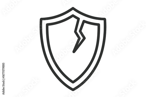 Broken shield icon. Metaphor for vulnerability, risk, insecurity, and failed protection. Cracked guard symbol. Data breach, cyber attack, and weak defense concept.