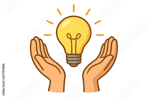 Hands holding a glowing light bulb. Concept of a new idea, creativity, innovation, and solution. Metaphor for inspiration, brainstorming, knowledge, energy, and success. Vector.