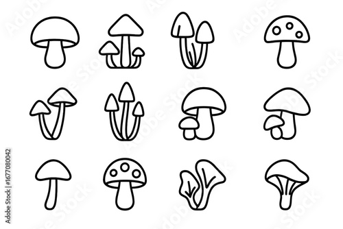 Mushroom thin line icon set. Fungi outline symbols for web and graphic design. Vector illustration of various forest fungus types, edible and poisonous. Minimalist nature signs.