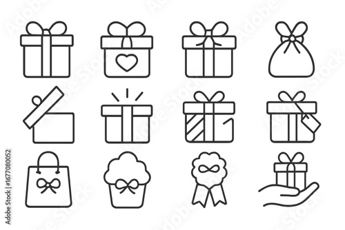 Gift and present minimal line icon set. Editable stroke vector pictograms for celebration, birthday, holiday. Contains icons as gift box, surprise, prize, shopping bag, reward.