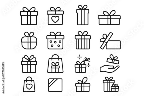 Gift box and present vector line icon set. Surprise package symbols for birthday, christmas, holiday celebration. Outline pictogram collection with editable stroke for ui, web.