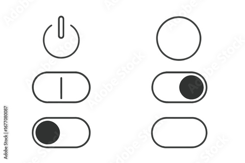 On Off switch toggle line icon collection. Power button and slider for user interface. UI UX graphic design elements for web, app. Vector symbols for activate, deactivate.