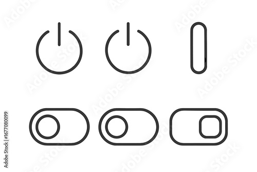 On Off Switch Line Icon Collection. Power button and toggle switch symbols. UI UX outline signs for web design, apps, and digital interfaces. Vector illustration set.