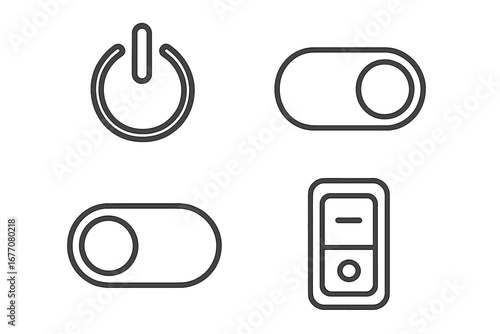 On Off switch line icon set. Power button, toggle slider, and rocker switch symbols. Outline vector icons for UI UX graphic design, websites, mobile apps, and control panels.