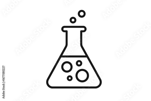 Laboratory flask minimalistic linear icon. Science, chemistry, experiment, research concept. Lab beaker with bubbling liquid. Chemical reaction or potion. Simple outline vector.