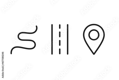 Route, road and map pin icon set. Minimalistic linear signs for graphic design. GPS location symbol. Journey, direction, destination, navigation concept for web, app.
