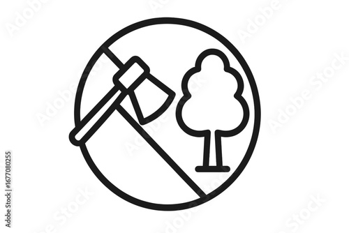 No deforestation sign icon. Stop cutting trees symbol. Forbidden logging pictogram. Environmental protection concept. Nature conservation. Ecology and save the forest vector logo.