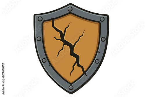 Cracked shield vector icon. Broken defense symbol. Damaged medieval armor illustration. Security breach or vulnerability concept. Cartoon graphic for web, app, or game design.