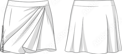 Women’s skirt vector, fashion skirt design, front and back views, pleated skirt style, casual skirt illustration, summer skirt, feminine clothing, clothing pattern,