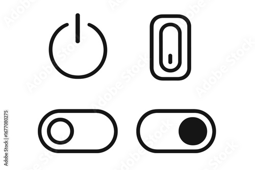 On Off Switch line icon set. Power button, toggle switch, slider for UI UX design. Enable, disable, start, stop symbols for web, mobile apps, and digital interfaces.