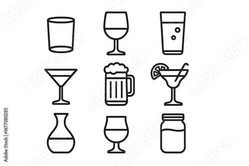 Glass Icon Set for UI, Placards, Books, Cards, and Apps with Editable Stroke, Transparent Background, Vector Cartoon Illustration, Drinkware Symbols for Websites and Digital Media
