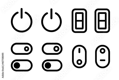 On Off Switch thin line icon set. Power button, toggle slider, and UI control signs. Vector outline symbols for web design, app interface, user experience, enable, disable.